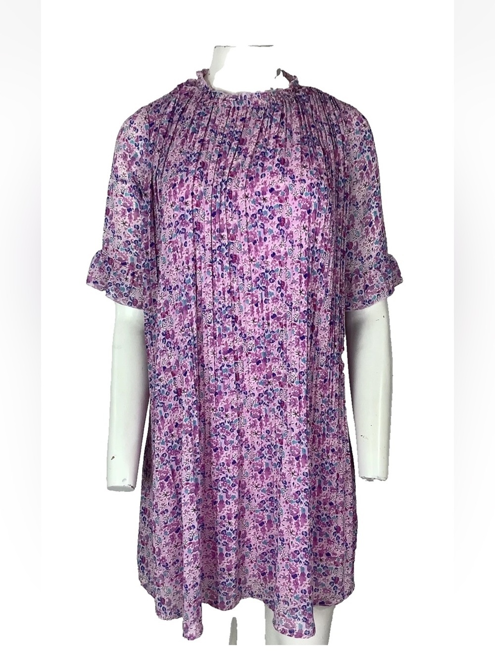 Melloday Sz S Floral Print Pleated Swing Hem Boho Western Hippie Dress Pink